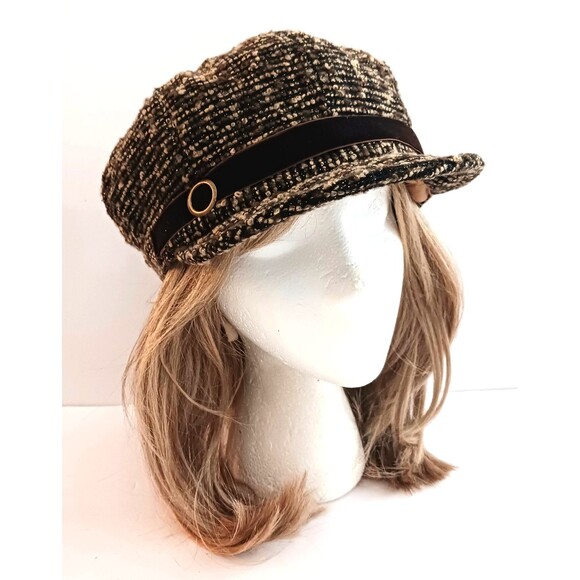 NEW Nine West Nubby Tweed Newsboy Cap Blk Brown Tan Gold Threads O/S - Picture 1 of 8
